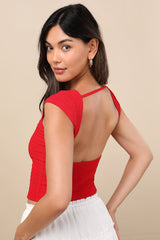 Bellia Red Textured Knit Cap Sleeve Backless Top