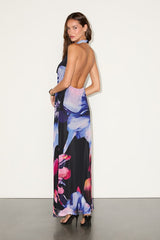 Rania Black Multi Floral Mesh Backless Maxi Dress