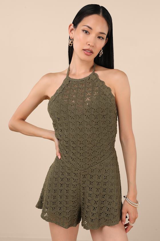 Tovia Olive Pointelle Knit Tie-Back Halter Romper