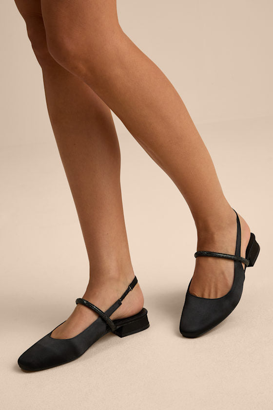 Clea Black Satin Rhinestone Slingback Flats