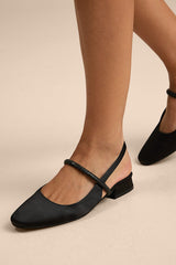 Clea Black Satin Rhinestone Slingback Flats