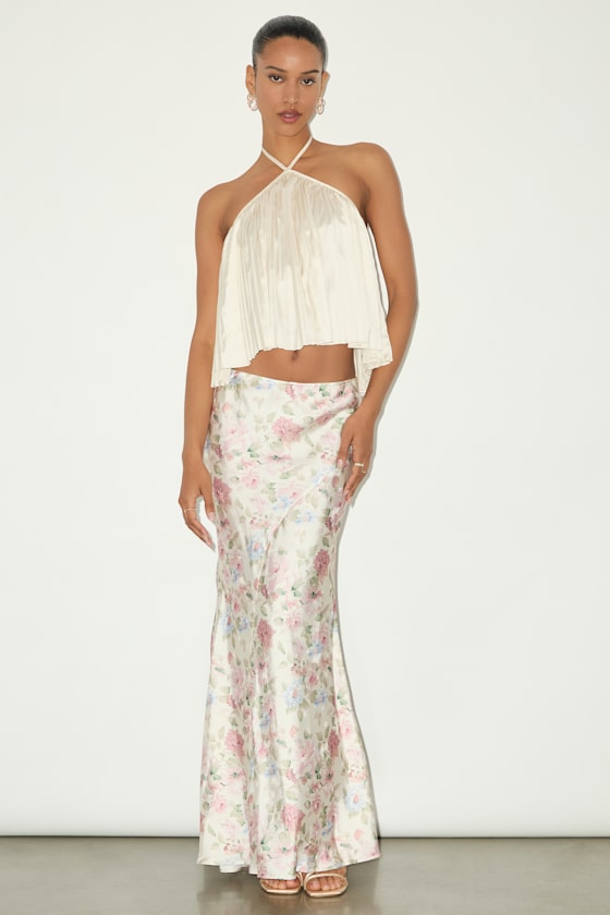 Damilla Ivory Floral Satin Maxi Skirt