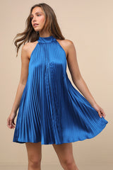 Ceslie Blue Pleated Shift Mini Dress