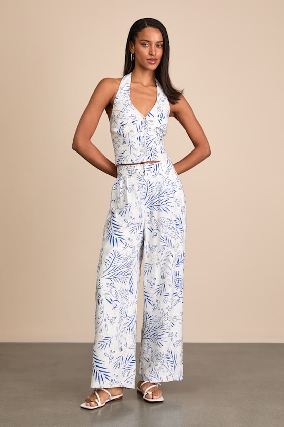 Amarae Ivory and Blue Floral Print Wide-Leg Trouser Pants