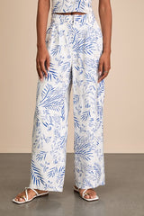 Amarae Ivory and Blue Floral Print Wide-Leg Trouser Pants