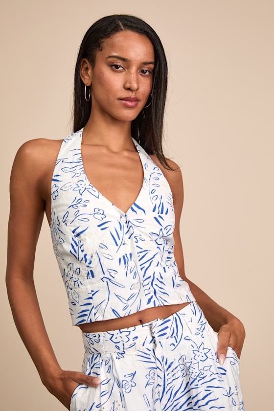 Amarae Ivory and Blue Floral Print Halter Vest Top