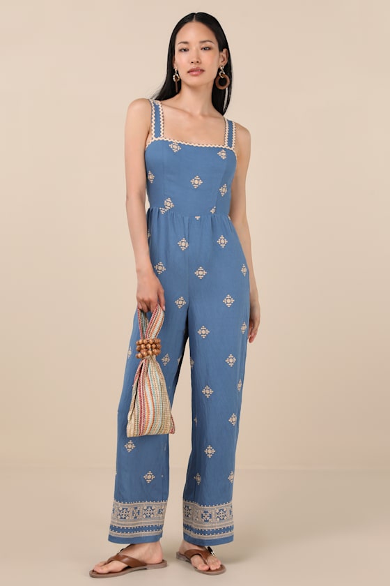 Arwen Blue Embroidered Wide-Leg Jumpsuit