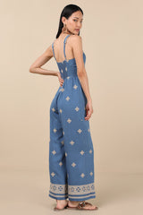 Arwen Blue Embroidered Wide-Leg Jumpsuit