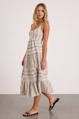 Journi Taupe Striped Tiered Midi Dress