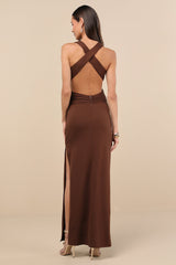 Alexandria Brown Backless Column Maxi Dress