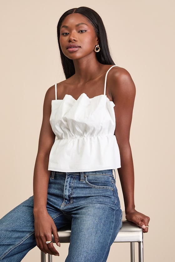 Elaia White Poplin Gathered Peplum Cami Top
