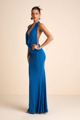 Eye-Catching Silhouette Blue Cowl Neck Halter Maxi Dress