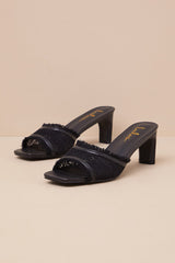 Rasalas Black Frayed Lace High Heel Slide Sandals
