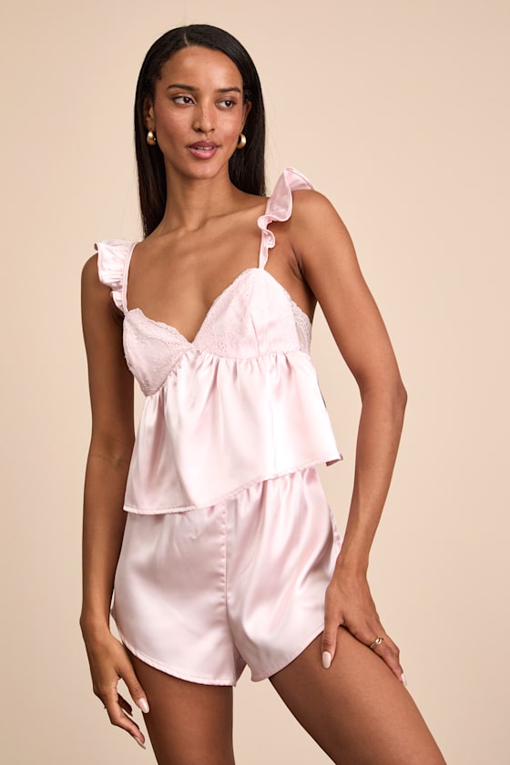 Keona Light Pink Satin Lace Ruffled Two-Piece Pajama Set