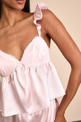Keona Light Pink Satin Lace Ruffled Two-Piece Pajama Set