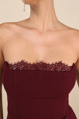 Memorably Iconic Burgundy Strapless Lace Bustier Maxi Dress
