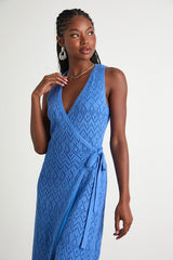Livia Blue Pointelle Knit Wrap Midi Dress