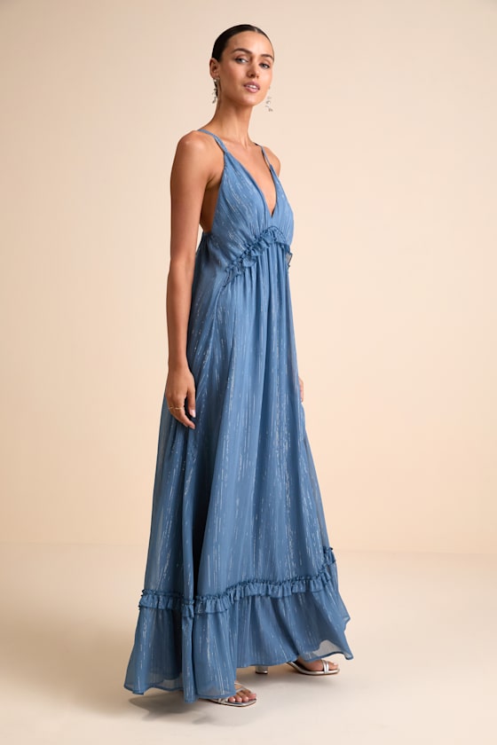 Massiel Blue Lurex Ruffled Maxi Dress