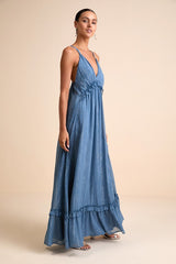 Massiel Blue Lurex Ruffled Maxi Dress