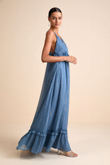 Massiel Blue Lurex Ruffled Maxi Dress