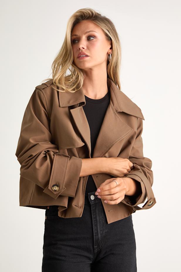 Donley Light Brown Double-Breasted Cropped Trench Coat