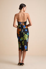 Wesson Black Floral Jacquard Lace-Up Strapless Midi Dress