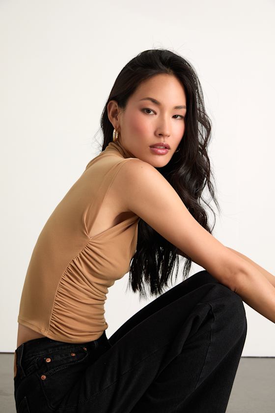 Avaina Tan Slinky Knit Ruched Mock Neck Sleeveless Top