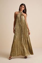 Gelsey Gold Lurex Pleated Halter Shift Maxi Dress