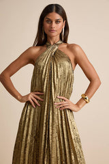 Gelsey Gold Lurex Pleated Halter Shift Maxi Dress