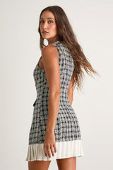 Moroni Black Tweed Pleated Hem Mini Dress