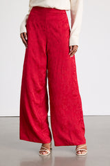 Daphne Red Satin Jacquard Wide-Leg Pants