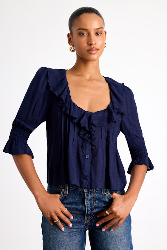 Hermione Navy Ruffled Button-Front Top