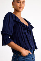 Hermione Navy Ruffled Button-Front Top