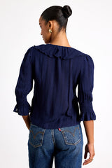 Hermione Navy Ruffled Button-Front Top