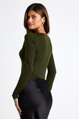 Ramia Forest Green Slinky Knit Cutout Long Sleeve Bodysuit