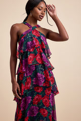 Allegria Navy Floral Clip Dot Tiered Backless Maxi Dress