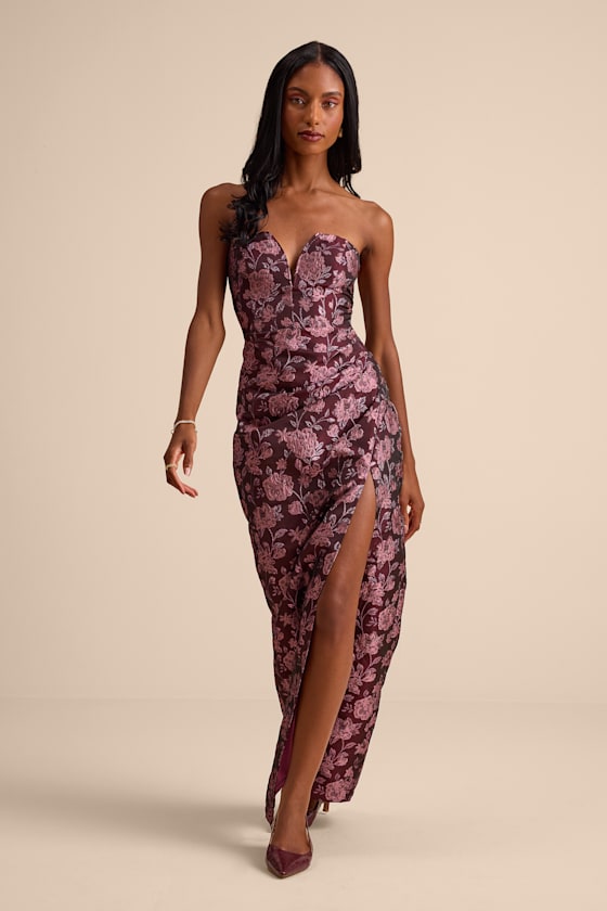 D���Amore Plum Floral Jacquard Strapless Tulip Maxi Dress