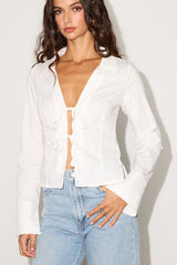 Auclair White Poplin Tie-Front Collared Long Sleeve Top