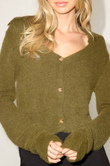 Poehler Olive Eyelash Knit Collared Cropped Cardigan