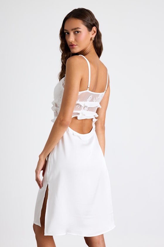Lilena Ivory Satin Lace Ruffled Cutout Lingerie Slip