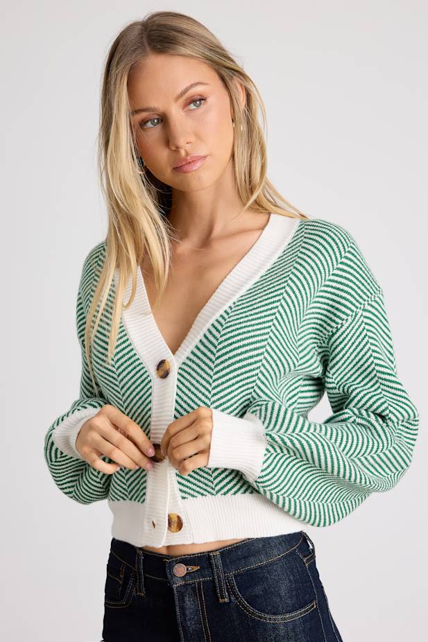 Here Comes a Holiday Green and White Striped Button-Up Cardigan