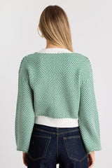 Here Comes a Holiday Green and White Striped Button-Up Cardigan