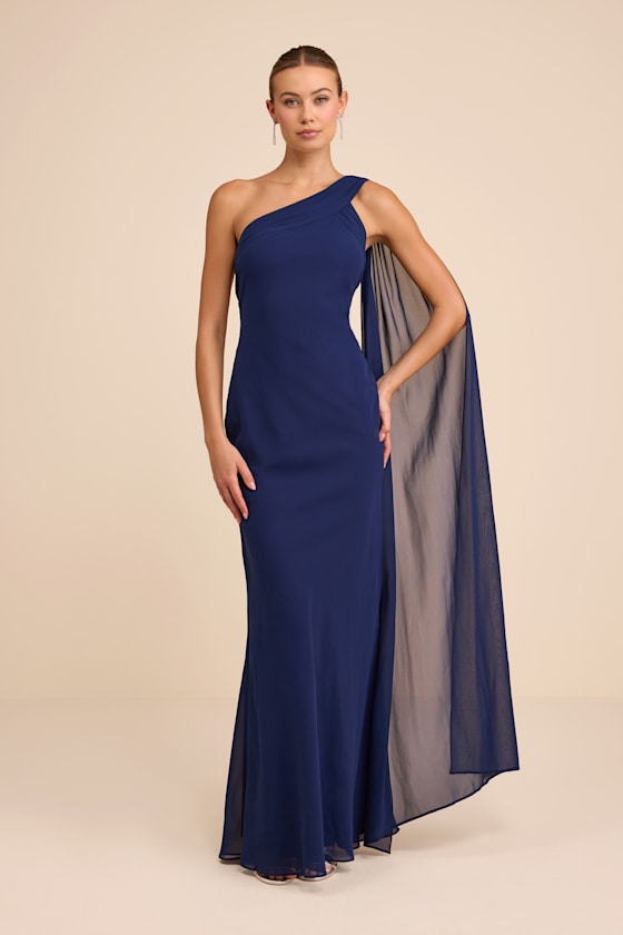 Carmenza Navy One-Shoulder Sash Maxi Dress
