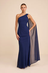 Carmenza Navy One-Shoulder Sash Maxi Dress