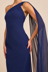 Carmenza Navy One-Shoulder Sash Maxi Dress