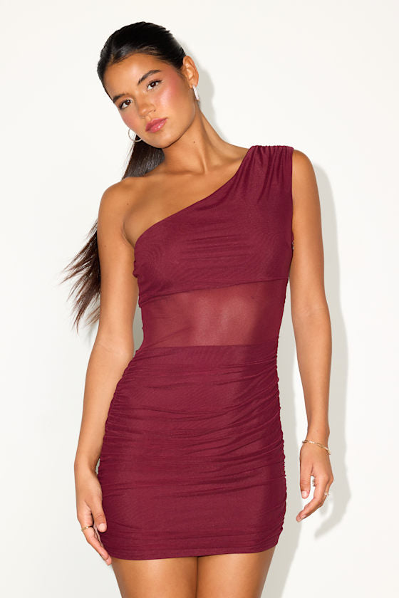 Neela Burgundy Mesh One-Shoulder Mini Dress