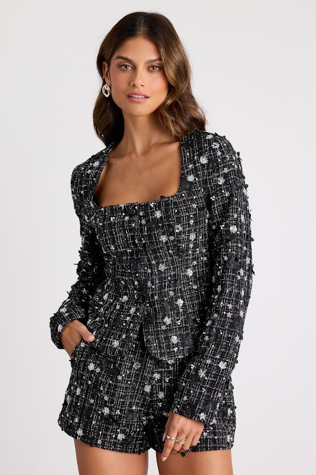 Marcie Black Tweed Lurex Sequin Applique Blazer