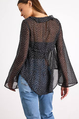 Laelia Black Polka Dot Sheer Tie-Front Long Sleeve Top