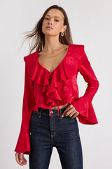 Esmina Red Jacquard Ruffled Tie-Front Top