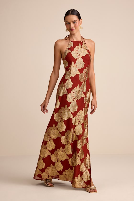 Brinley Rust and Gold Floral Jacquard Halter Maxi Dress